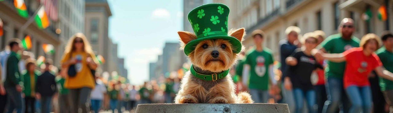  Adorable yorkshire terrier celebrates St. Patrick's Day with green hat outdoors in festive city parade