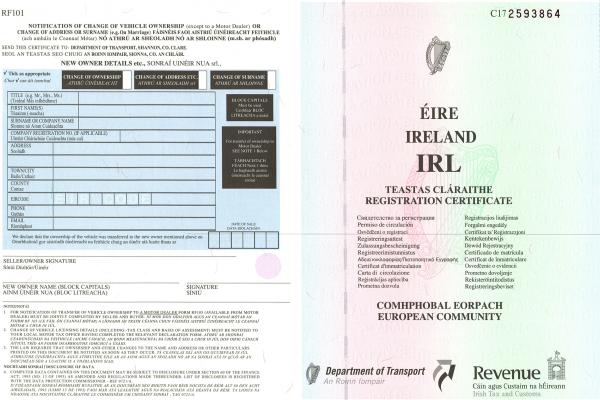 Ireland Vehicle Registration Certificate