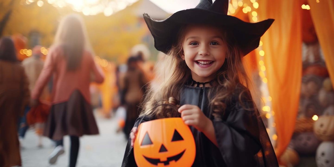 Little girl smiling and carrying pumpkin bucket