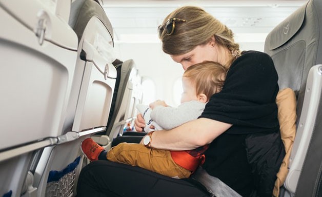 Mom and her children on the airplane