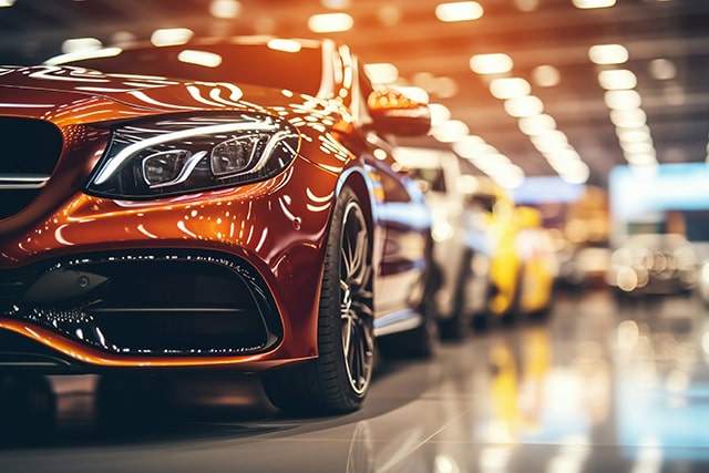 Close up of new cars display in luxury showroom with light bokeh in motor show event
