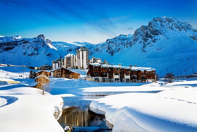 French Ski resort Tignes, beneath towering mountains