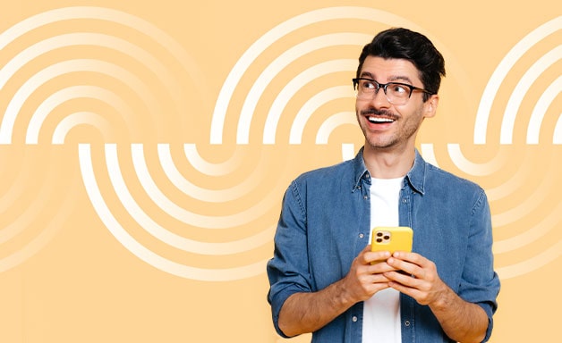 Social proof advertisement featuring a male with a light orange background