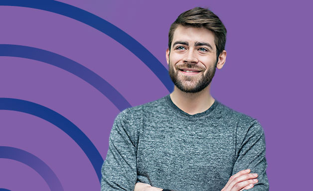 Social proof advertisement featuring a male with a purple background